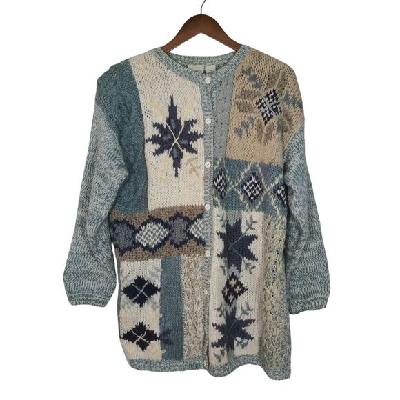 Vintage Classic Elements Blue Patchwork Pattern Grandma Knit Cardigan Sz Medium - Picture 1 of 8